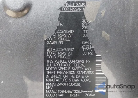 2017 Nissan Rogue Sv z USA, uszkodzony, nr VIN KNMAT2MVXHP584391